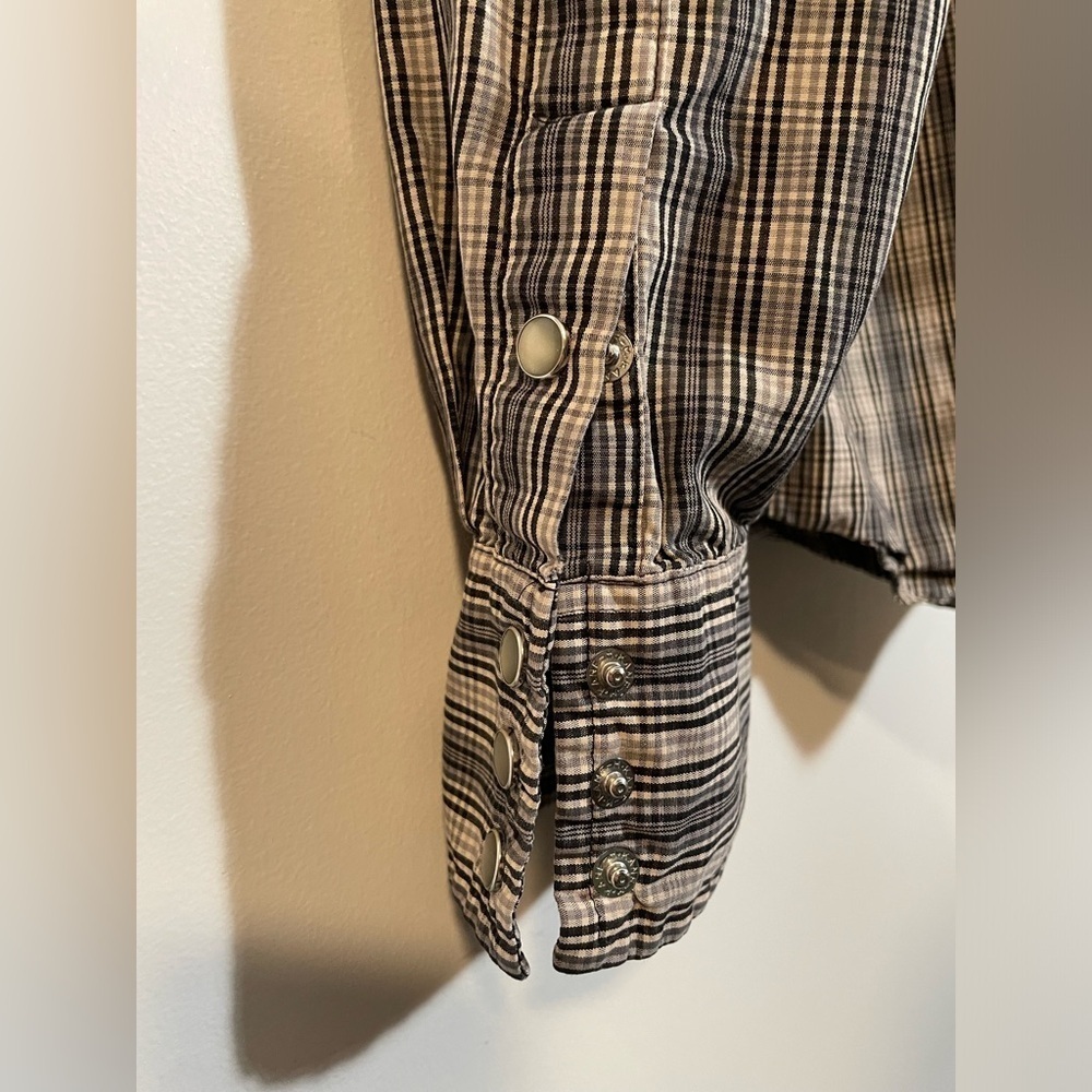 Gap Jeans 1969 Pearl Snap Shirt Large Gray Black Beige Plaid Long Sleeve Y2K - Picture 5 of 9